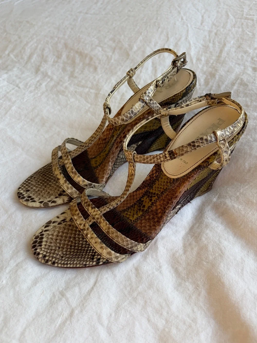 Vintage Prada Snake Python Animal Leather T Strap Wedges Heels Brown Tan Green